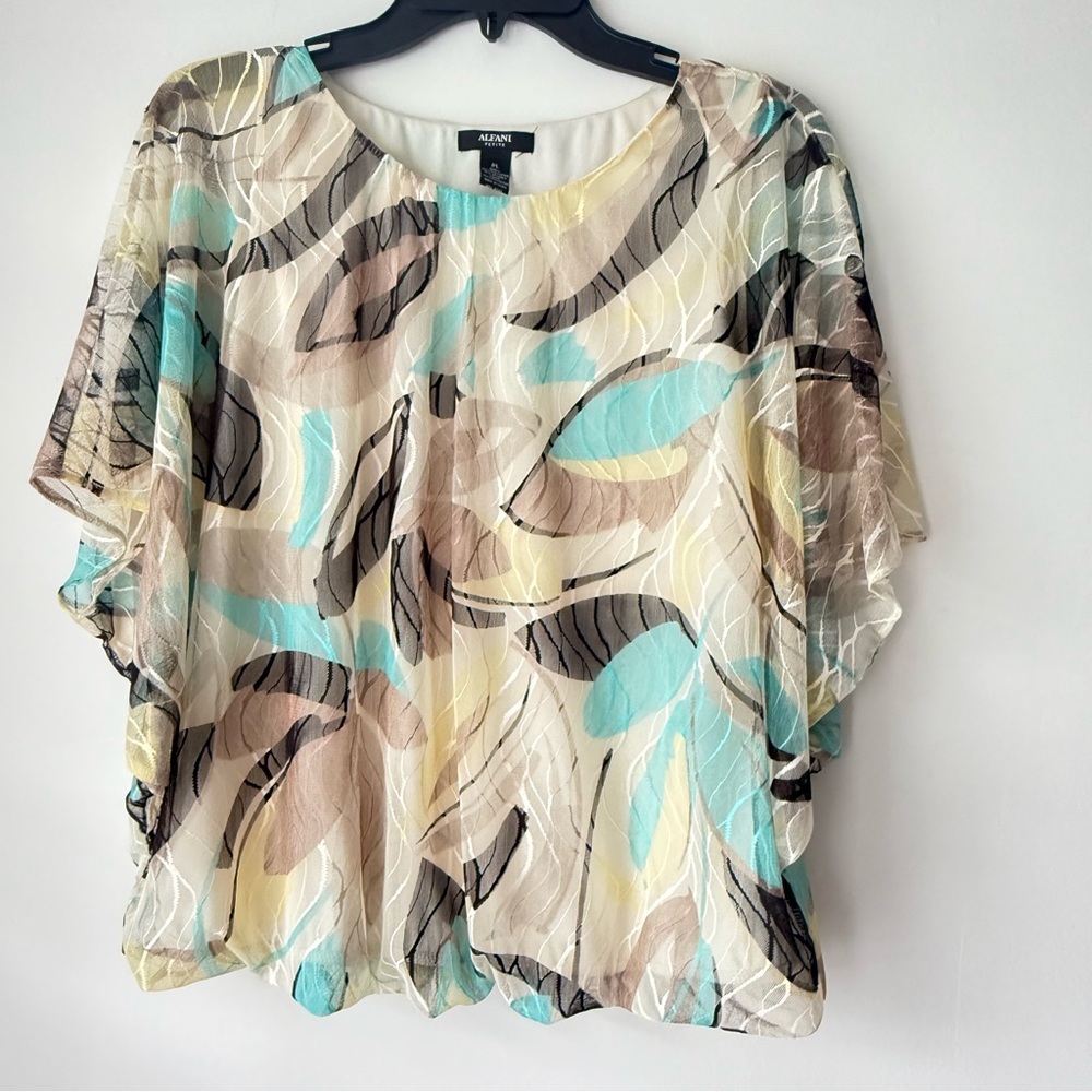 Alfani Watercolor Leaf Print Sheer Overlay Blouse | Textured Flowy Top | Size PL